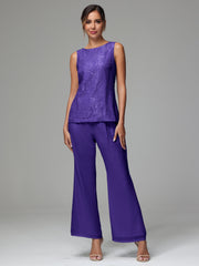 3 Pieces Long Sleeves Chiffon Lace Mother Of The Bride Dress Pants Suits