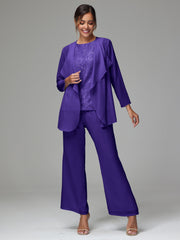 3 Pieces Long Sleeves Chiffon Lace Mother Of The Bride Dress Pants Suits