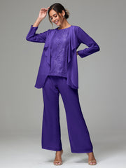 3 Pieces Long Sleeves Chiffon Lace Mother Of The Bride Dress Pants Suits