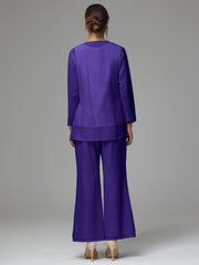 3 Pieces Long Sleeves Chiffon Lace Mother Of The Bride Dress Pants Suits