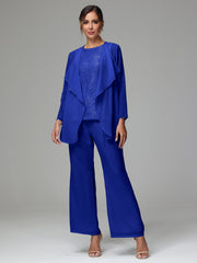 3 Pieces Long Sleeves Chiffon Lace Mother Of The Bride Dress Pants Suits