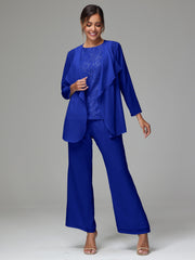 3 Pieces Long Sleeves Chiffon Lace Mother Of The Bride Dress Pants Suits