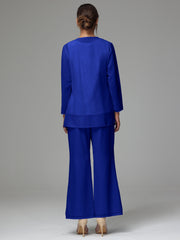3 Pieces Long Sleeves Chiffon Lace Mother Of The Bride Dress Pants Suits