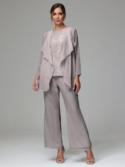 3 Pieces Long Sleeves Chiffon Lace Mother Of The Bride Dress Pants Suits