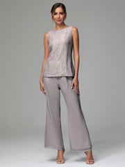 3 Pieces Long Sleeves Chiffon Lace Mother Of The Bride Dress Pants Suits