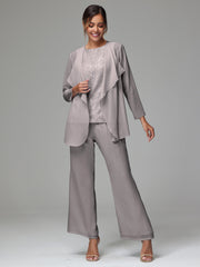 3 Pieces Long Sleeves Chiffon Lace Mother Of The Bride Dress Pants Suits