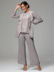 3 Pieces Long Sleeves Chiffon Lace Mother Of The Bride Dress Pants Suits