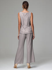 3 Pieces Long Sleeves Chiffon Lace Mother Of The Bride Dress Pants Suits