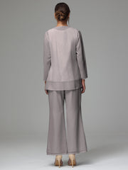 3 Pieces Long Sleeves Chiffon Lace Mother Of The Bride Dress Pants Suits