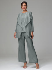 3 Pieces Long Sleeves Chiffon Lace Mother Of The Bride Dress Pants Suits