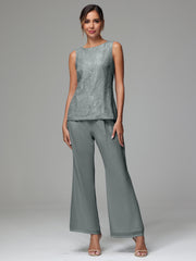 3 Pieces Long Sleeves Chiffon Lace Mother Of The Bride Dress Pants Suits