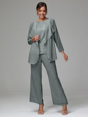 3 Pieces Long Sleeves Chiffon Lace Mother Of The Bride Dress Pants Suits