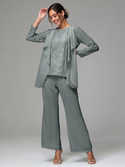3 Pieces Long Sleeves Chiffon Lace Mother Of The Bride Dress Pants Suits