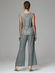 3 Pieces Long Sleeves Chiffon Lace Mother Of The Bride Dress Pants Suits