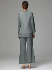 3 Pieces Long Sleeves Chiffon Lace Mother Of The Bride Dress Pants Suits