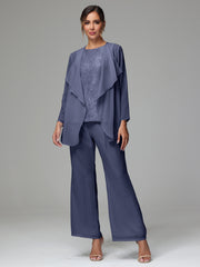 3 Pieces Long Sleeves Chiffon Lace Mother Of The Bride Dress Pants Suits