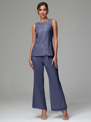 3 Pieces Long Sleeves Chiffon Lace Mother Of The Bride Dress Pants Suits