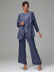 3 Pieces Long Sleeves Chiffon Lace Mother Of The Bride Dress Pants Suits