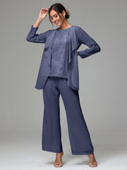 3 Pieces Long Sleeves Chiffon Lace Mother Of The Bride Dress Pants Suits