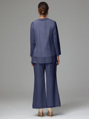 3 Pieces Long Sleeves Chiffon Lace Mother Of The Bride Dress Pants Suits