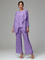 3 Pieces Long Sleeves Chiffon Lace Mother Of The Bride Dress Pants Suits