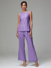 3 Pieces Long Sleeves Chiffon Lace Mother Of The Bride Dress Pants Suits