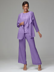 3 Pieces Long Sleeves Chiffon Lace Mother Of The Bride Dress Pants Suits