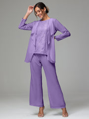 3 Pieces Long Sleeves Chiffon Lace Mother Of The Bride Dress Pants Suits