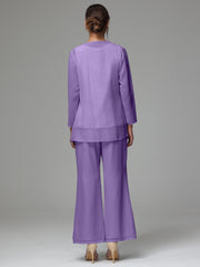 3 Pieces Long Sleeves Chiffon Lace Mother Of The Bride Dress Pants Suits