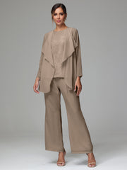 3 Pieces Long Sleeves Chiffon Lace Mother Of The Bride Dress Pants Suits