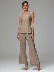 3 Pieces Long Sleeves Chiffon Lace Mother Of The Bride Dress Pants Suits