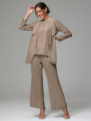 3 Pieces Long Sleeves Chiffon Lace Mother Of The Bride Dress Pants Suits