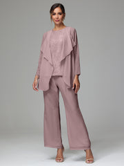 3 Pieces Long Sleeves Chiffon Lace Mother Of The Bride Dress Pants Suits