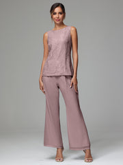 3 Pieces Long Sleeves Chiffon Lace Mother Of The Bride Dress Pants Suits