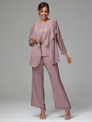 3 Pieces Long Sleeves Chiffon Lace Mother Of The Bride Dress Pants Suits