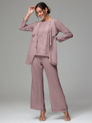 3 Pieces Long Sleeves Chiffon Lace Mother Of The Bride Dress Pants Suits