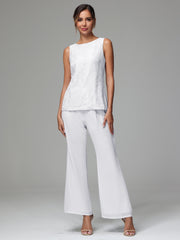 3 Pieces Long Sleeves Chiffon Lace Mother Of The Bride Dress Pants Suits