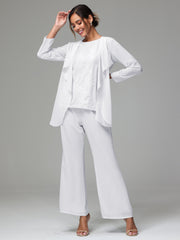 3 Pieces Long Sleeves Chiffon Lace Mother Of The Bride Dress Pants Suits