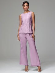 3 Pieces Long Sleeves Chiffon Lace Mother Of The Bride Dress Pants Suits