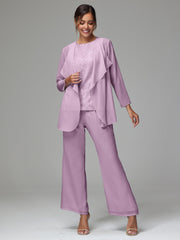 3 Pieces Long Sleeves Chiffon Lace Mother Of The Bride Dress Pants Suits