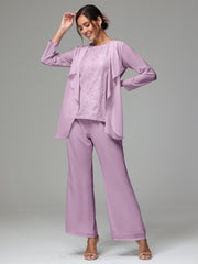 3 Pieces Long Sleeves Chiffon Lace Mother Of The Bride Dress Pants Suits