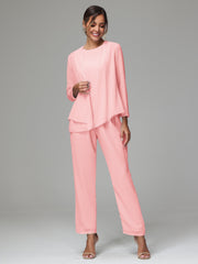 3 Pieces Long Sleeves Chiffon Mother Of The Bride Dress Pants Suits