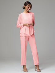 3 Pieces Long Sleeves Chiffon Mother Of The Bride Dress Pants Suits