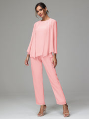 3 Pieces Long Sleeves Chiffon Mother Of The Bride Dress Pants Suits