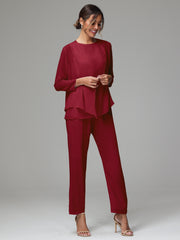 3 Pieces Long Sleeves Chiffon Mother Of The Bride Dress Pants Suits