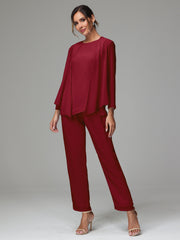 3 Pieces Long Sleeves Chiffon Mother Of The Bride Dress Pants Suits