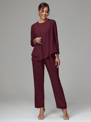 3 Pieces Long Sleeves Chiffon Mother Of The Bride Dress Pants Suits