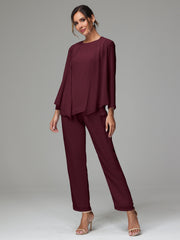 3 Pieces Long Sleeves Chiffon Mother Of The Bride Dress Pants Suits