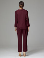 3 Pieces Long Sleeves Chiffon Mother Of The Bride Dress Pants Suits