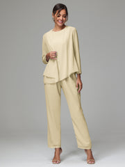 3 Pieces Long Sleeves Chiffon Mother Of The Bride Dress Pants Suits